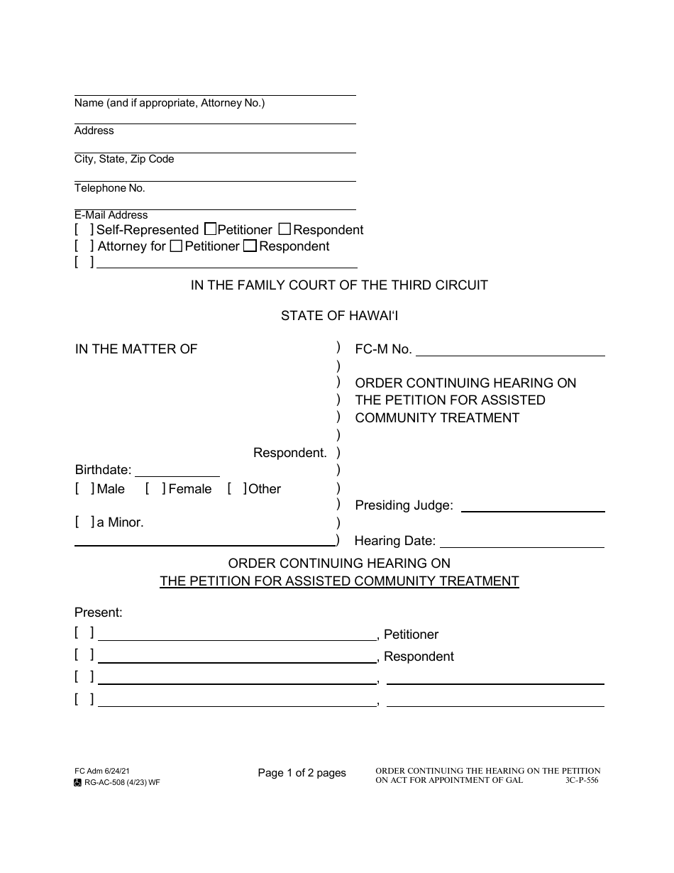 Form 3C-P-556 Order Continuing Hearing on the Petition for Assisted Community Treatment - Hawaii, Page 1