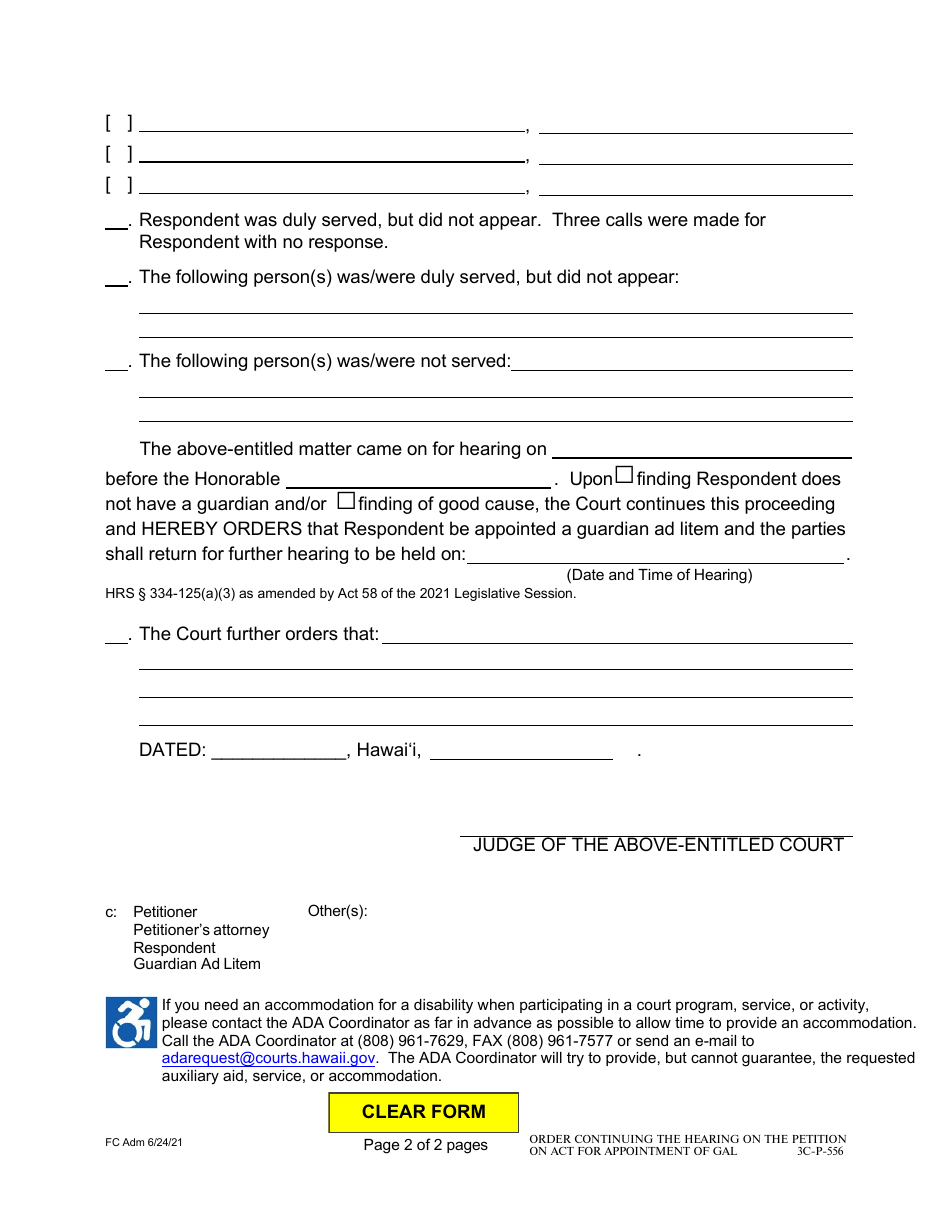 Form 3C-P-556 Order Continuing Hearing on the Petition for Assisted Community Treatment - Hawaii, Page 2