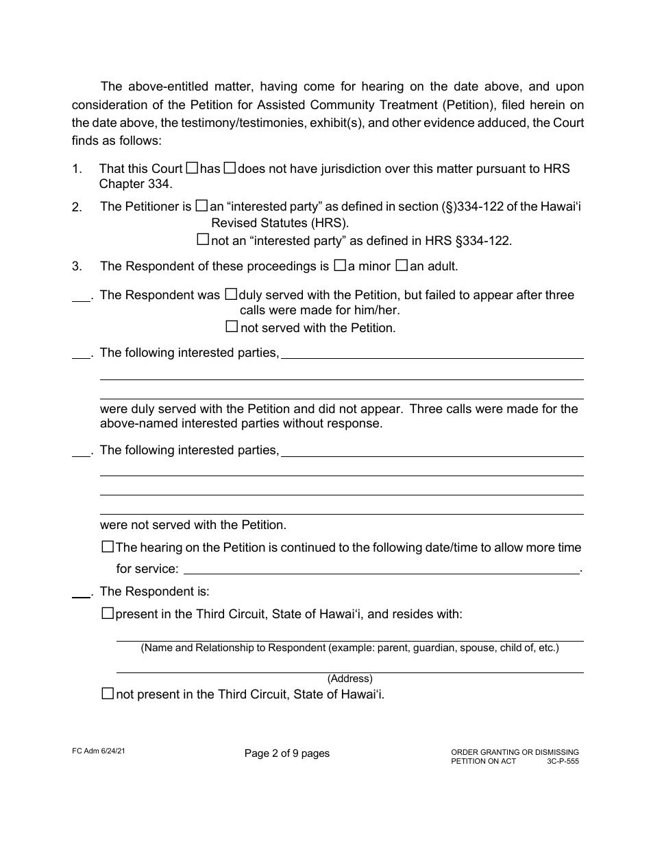 Form 3C-P-555 Order Granting or Dismissing Petition for Assisted Community Treatment - Hawaii, Page 2
