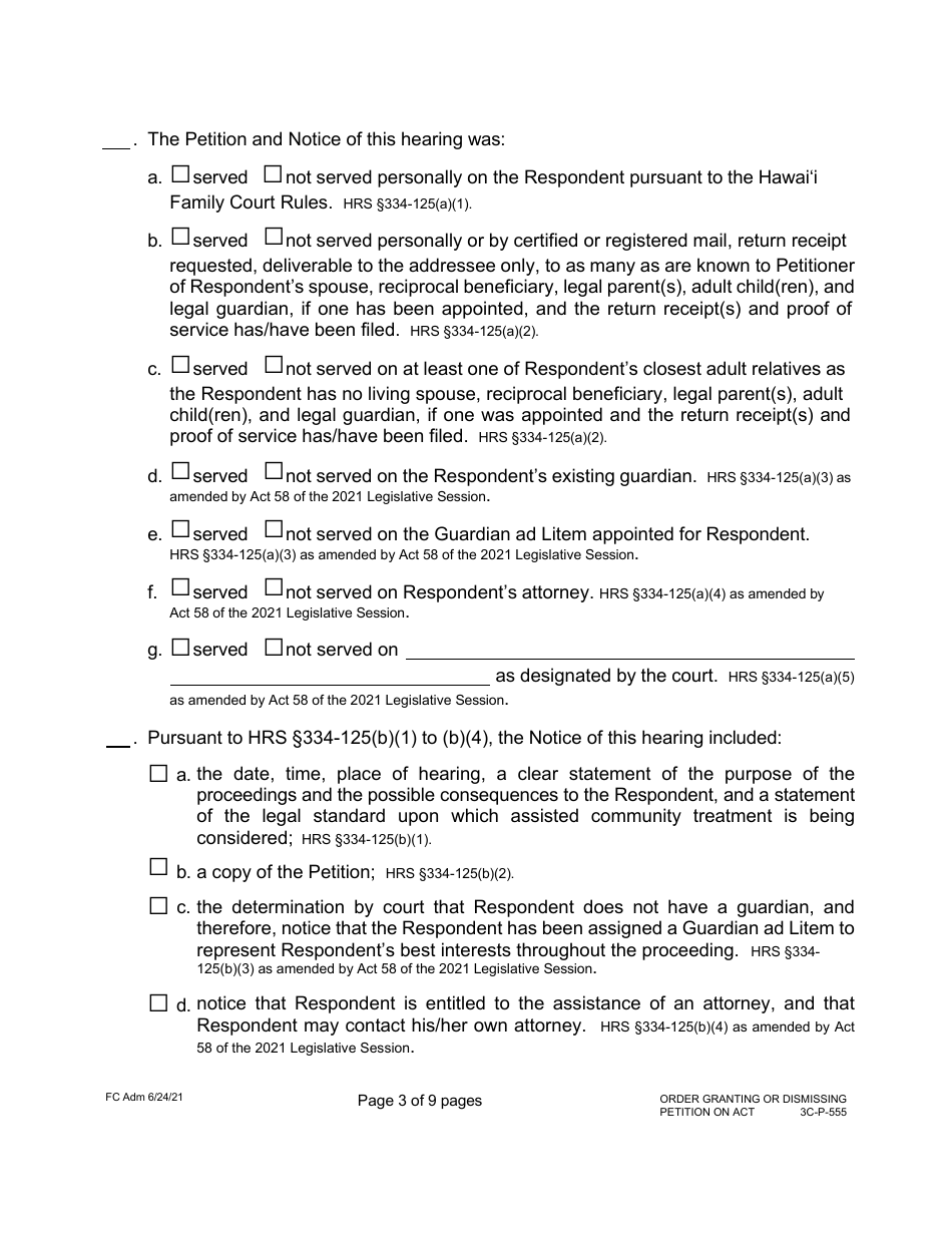Form 3C-P-555 Order Granting or Dismissing Petition for Assisted Community Treatment - Hawaii, Page 3