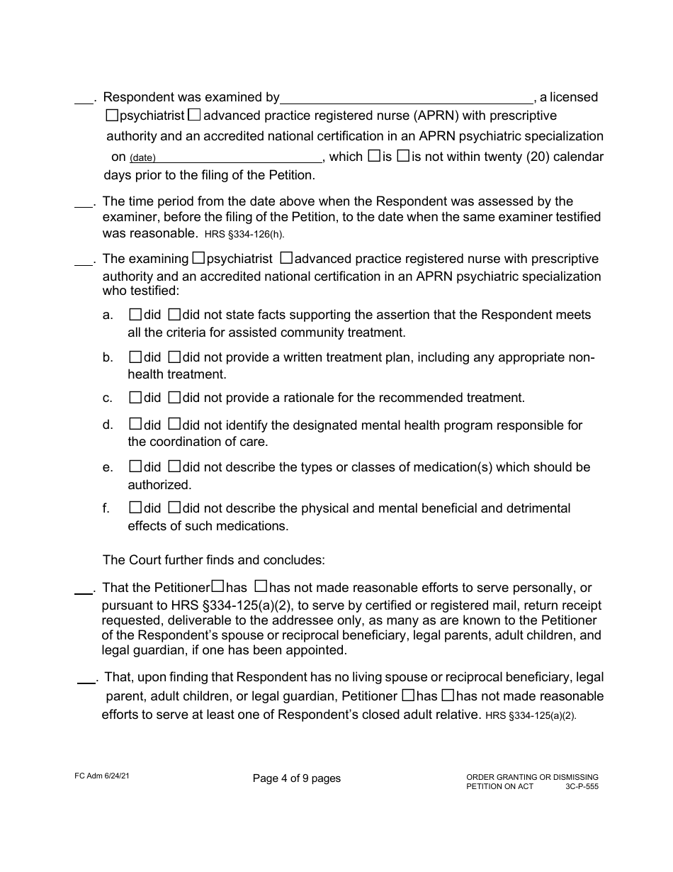 Form 3C-P-555 Order Granting or Dismissing Petition for Assisted Community Treatment - Hawaii, Page 4