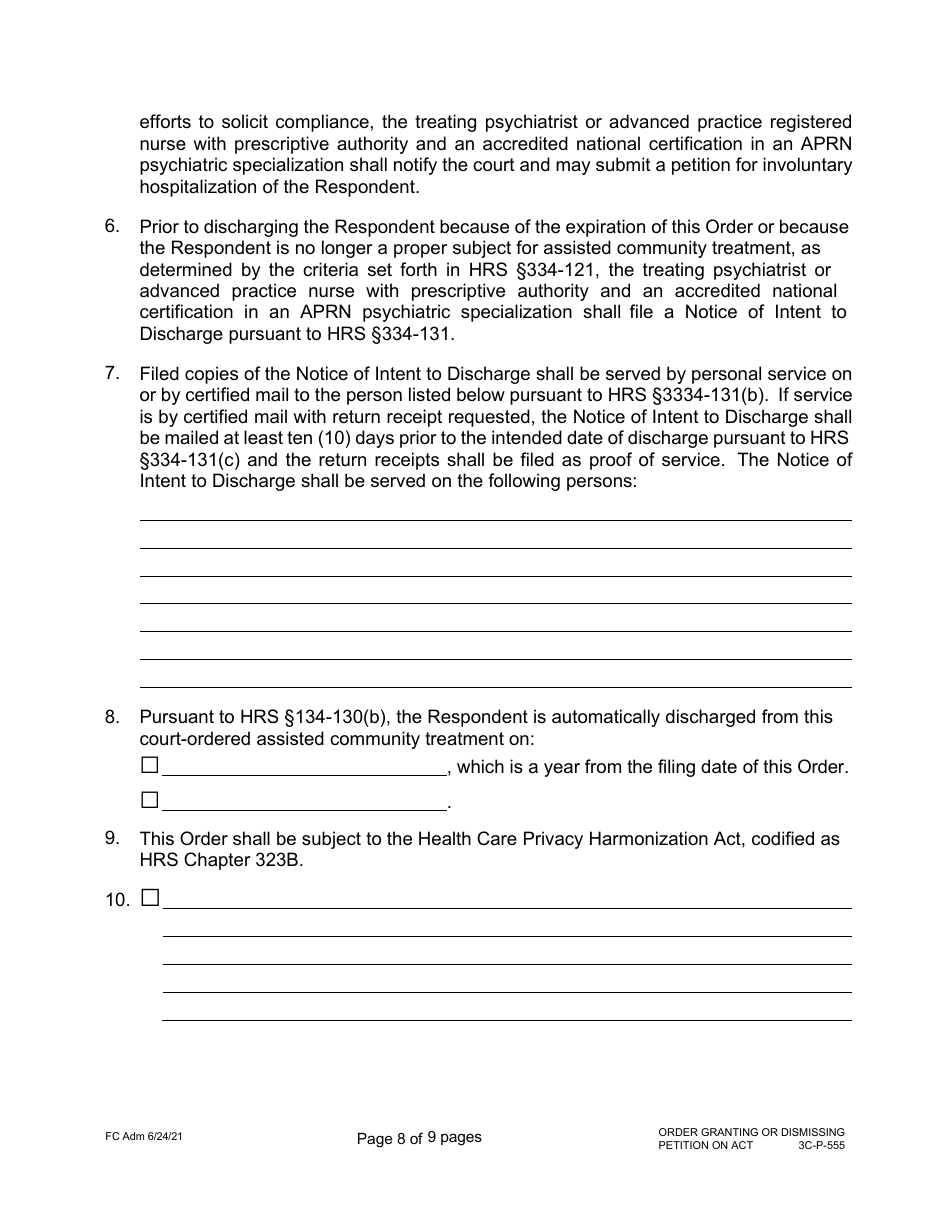 Form 3C-P-555 Order Granting or Dismissing Petition for Assisted Community Treatment - Hawaii, Page 8