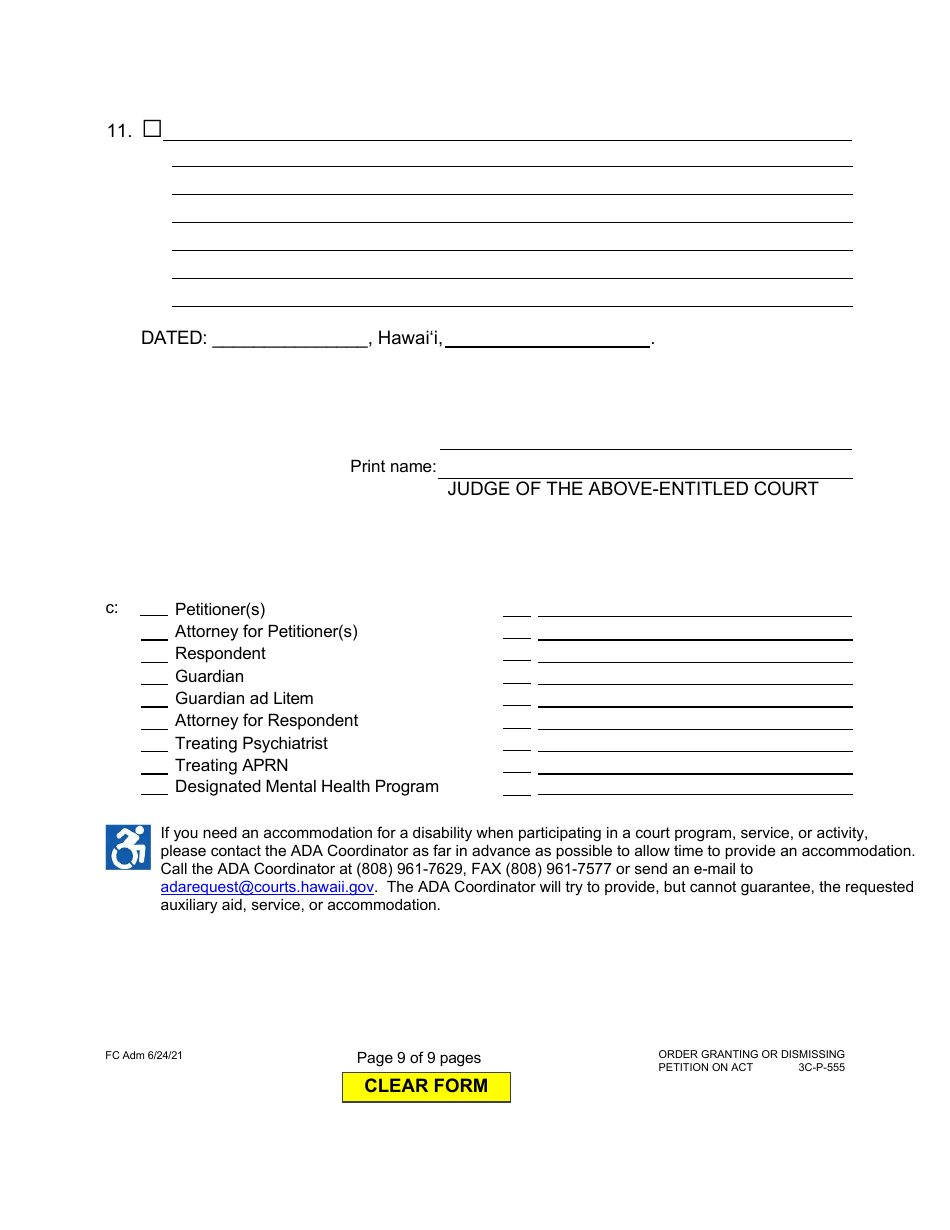 Form 3C-P-555 Order Granting or Dismissing Petition for Assisted Community Treatment - Hawaii, Page 9