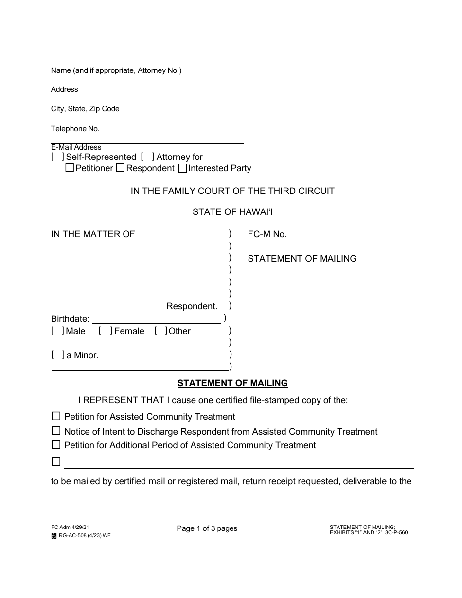 Form 3C-P-560 Statement of Mailing - Hawaii, Page 1