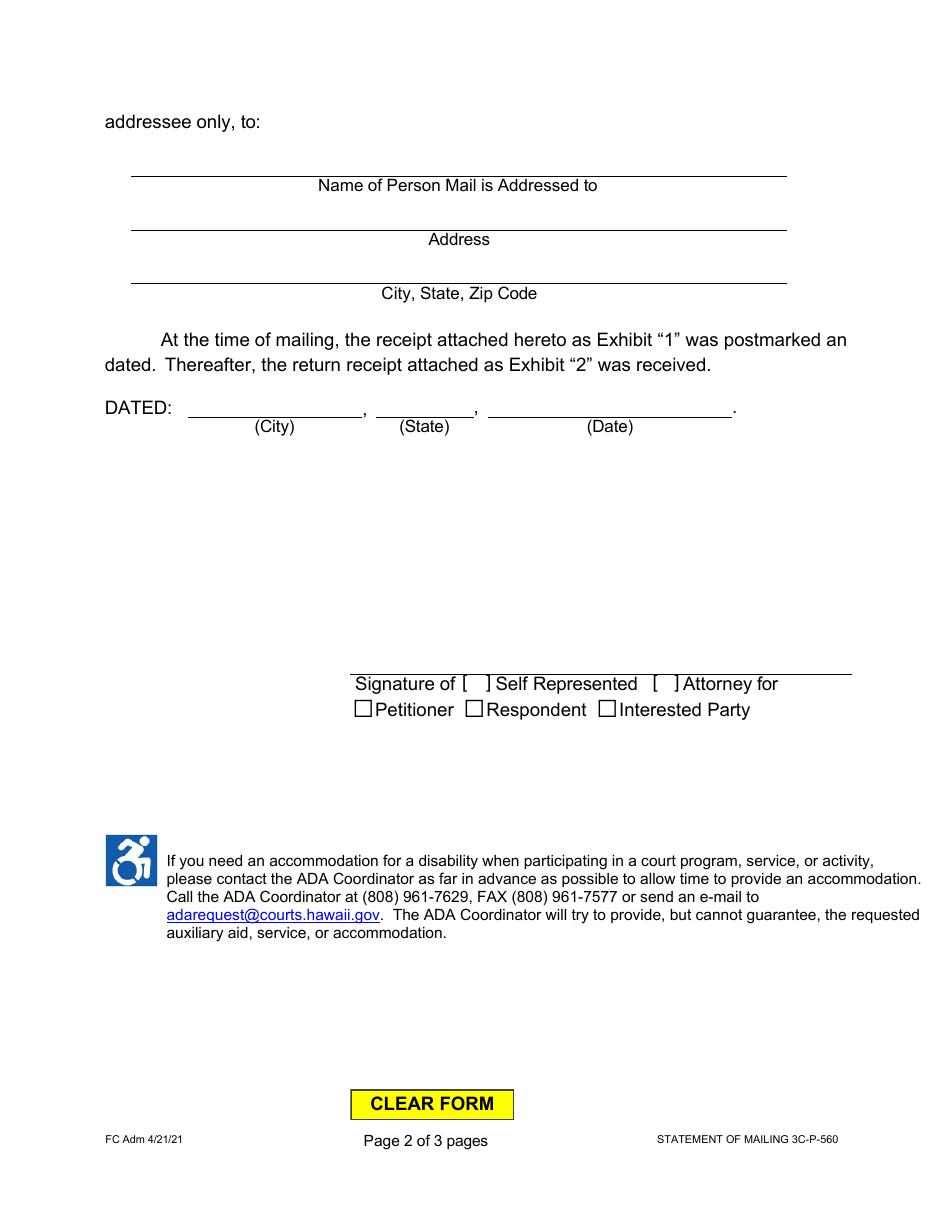 Form 3C-P-560 Statement of Mailing - Hawaii, Page 2