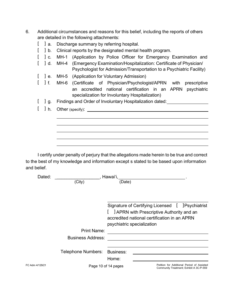 Form 3C-P-559 Petition for Additional Period of Assisted Community Treatment - Hawaii, Page 10