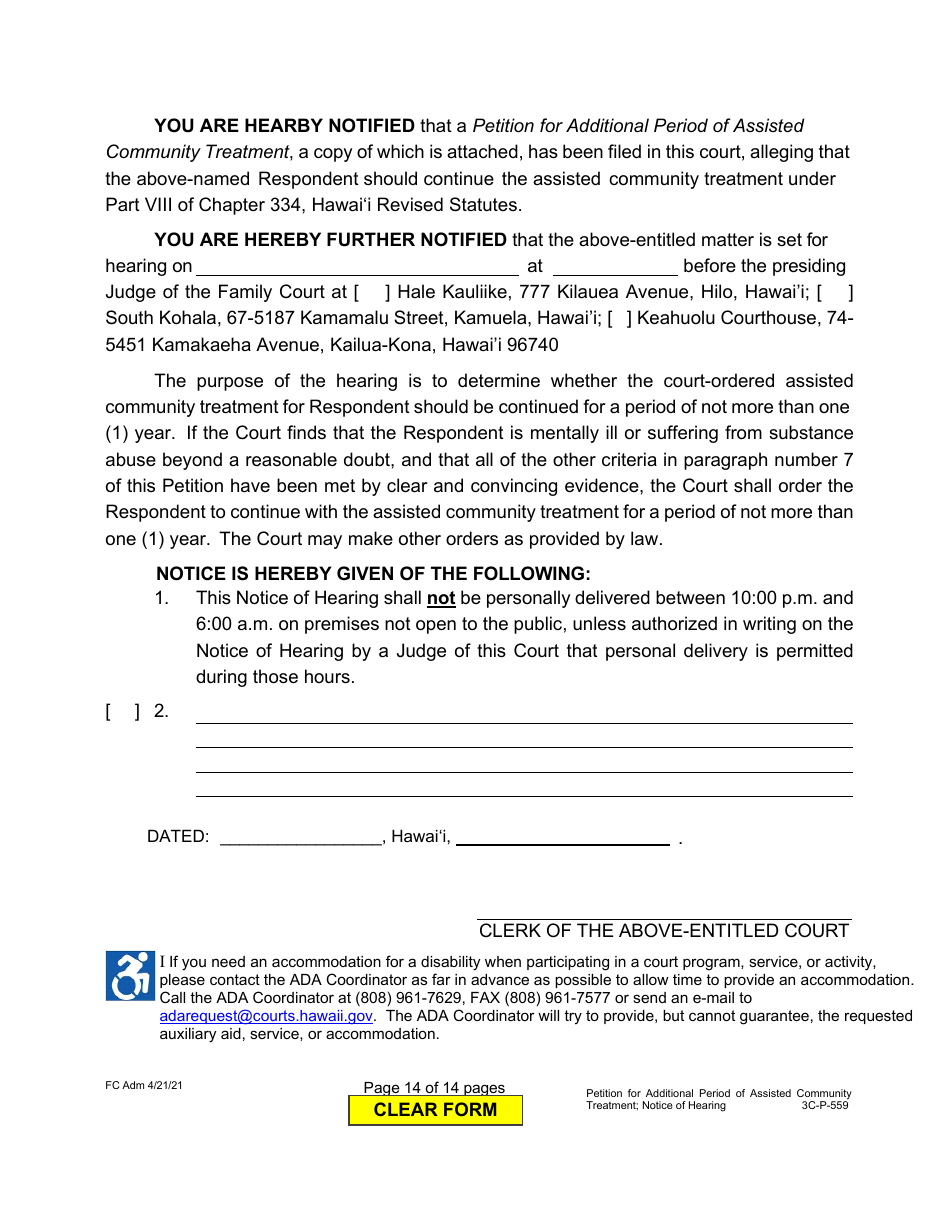 Form 3C-P-559 Petition for Additional Period of Assisted Community Treatment - Hawaii, Page 14