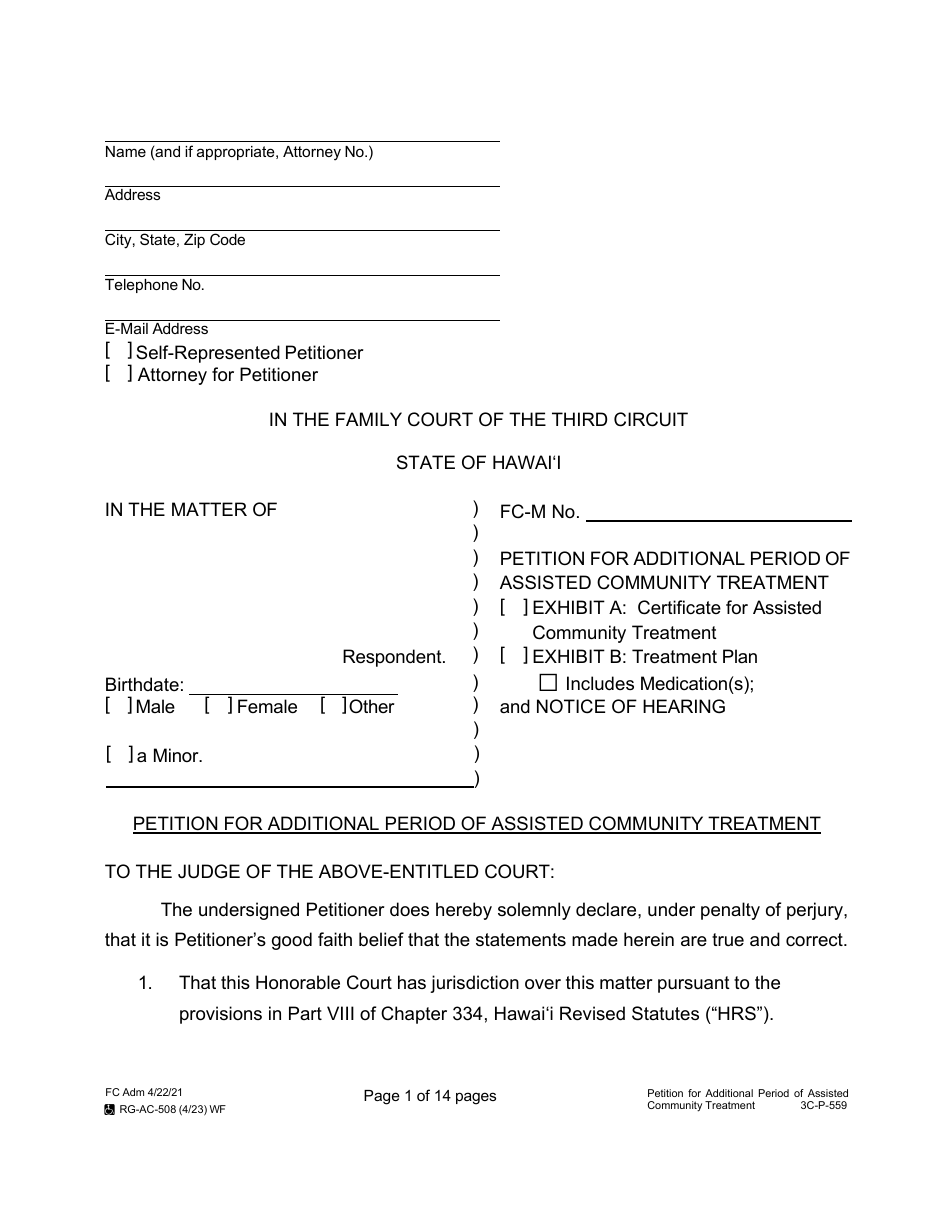 Form 3C-P-559 Petition for Additional Period of Assisted Community Treatment - Hawaii, Page 1