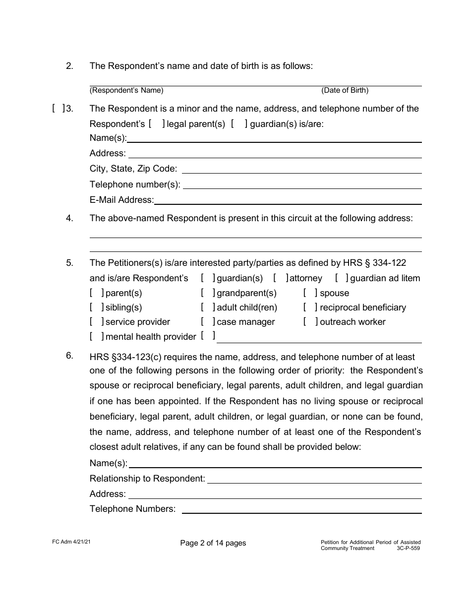 Form 3C-P-559 Petition for Additional Period of Assisted Community Treatment - Hawaii, Page 2