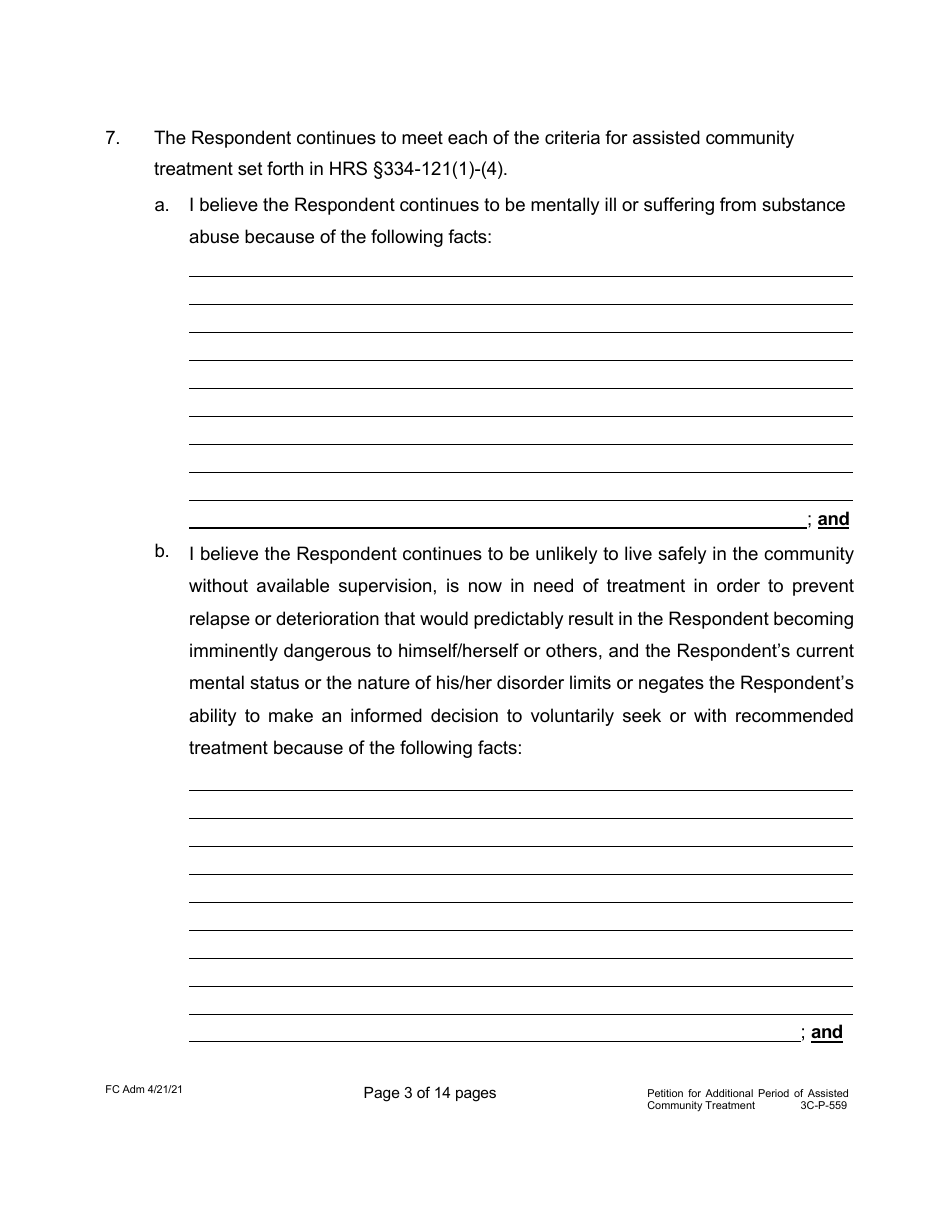 Form 3C-P-559 Petition for Additional Period of Assisted Community Treatment - Hawaii, Page 3