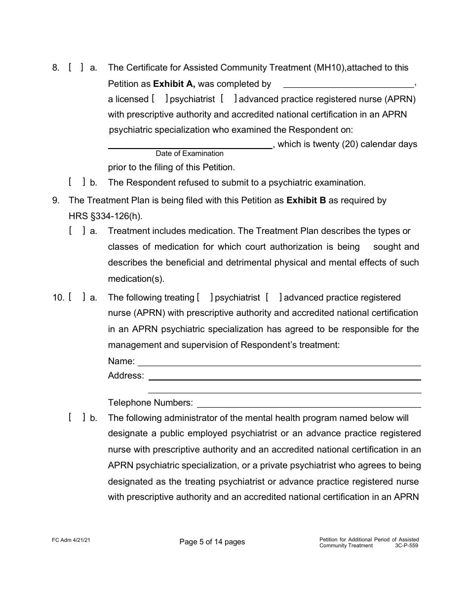 Form 3C-P-559 Petition for Additional Period of Assisted Community Treatment - Hawaii, Page 5