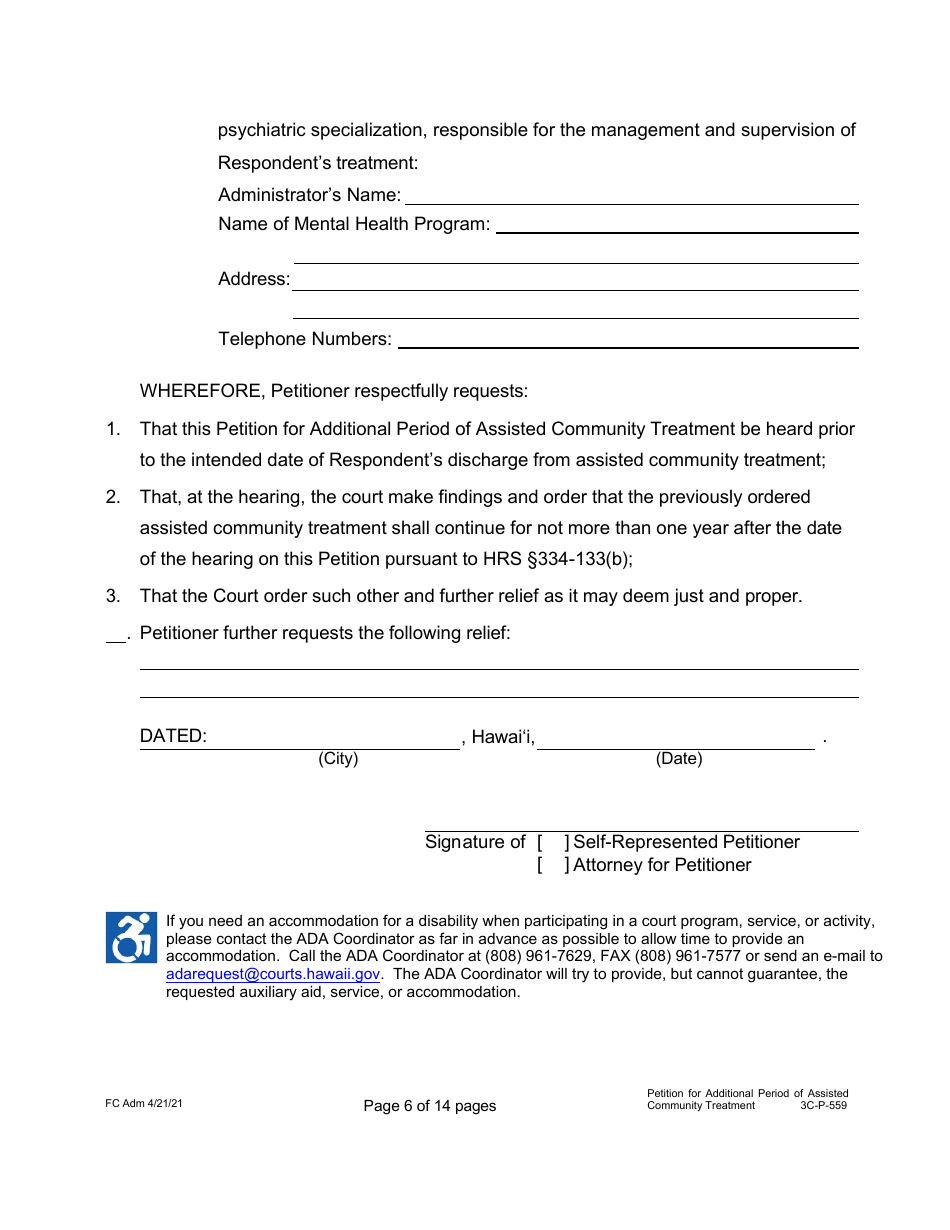 Form 3C-P-559 Petition for Additional Period of Assisted Community Treatment - Hawaii, Page 6