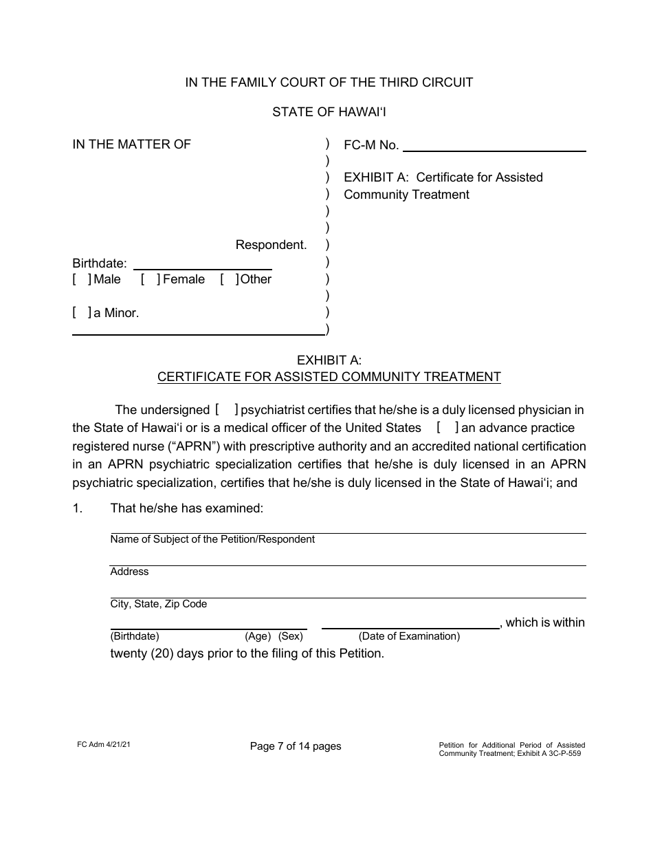 Form 3C-P-559 Petition for Additional Period of Assisted Community Treatment - Hawaii, Page 7