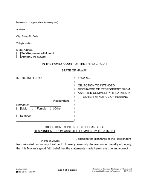 Form 3C-P-558 Objection to Intended Discharge of Respondent From Assisted Community Treatment - Hawaii