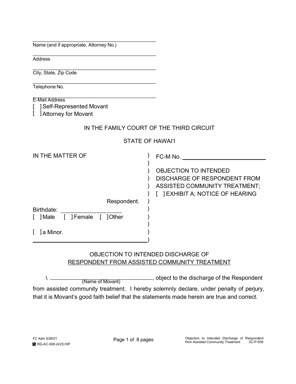 Form 3C-P-558 Objection to Intended Discharge of Respondent From Assisted Community Treatment - Hawaii, Page 1