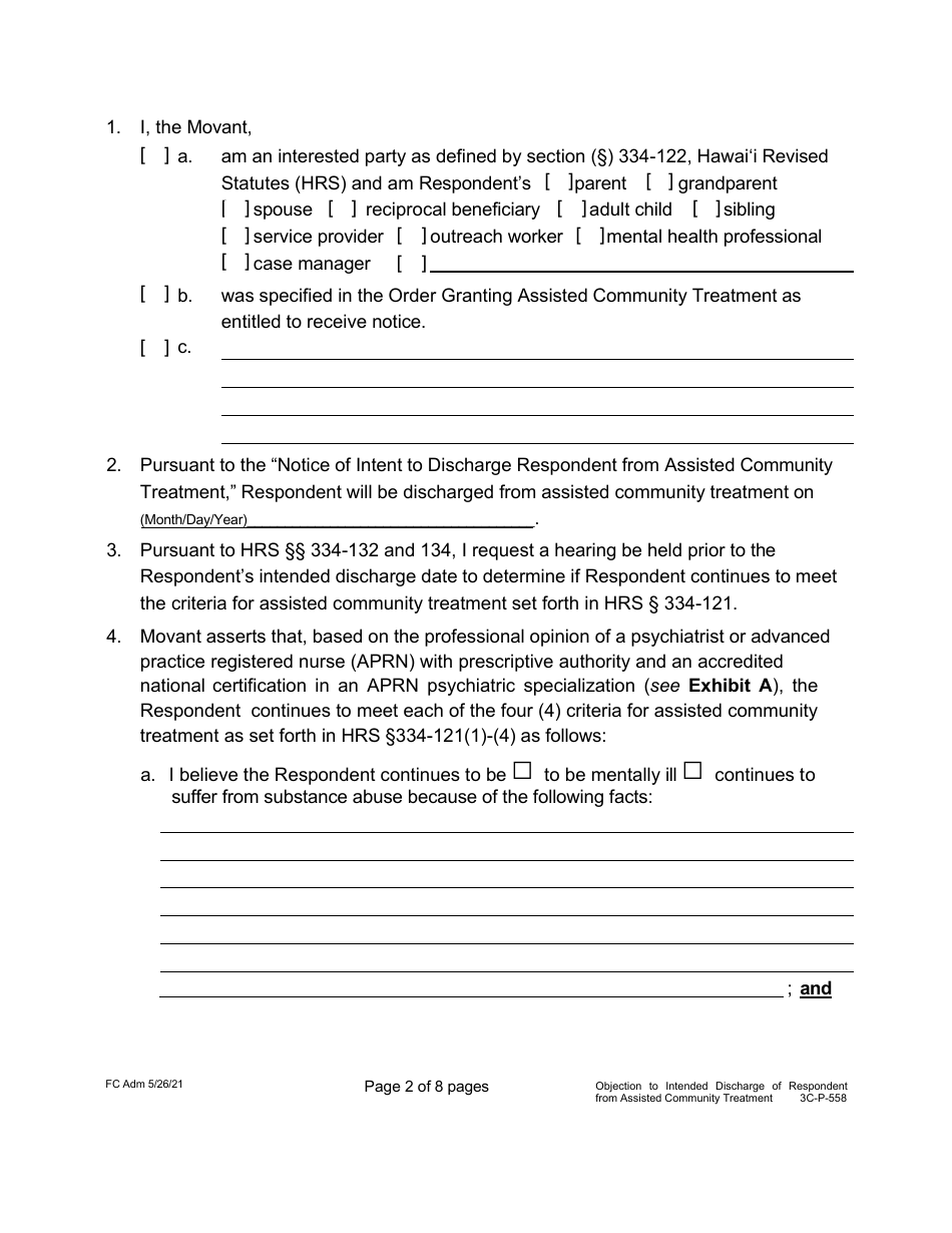 Form 3C-P-558 Objection to Intended Discharge of Respondent From Assisted Community Treatment - Hawaii, Page 2