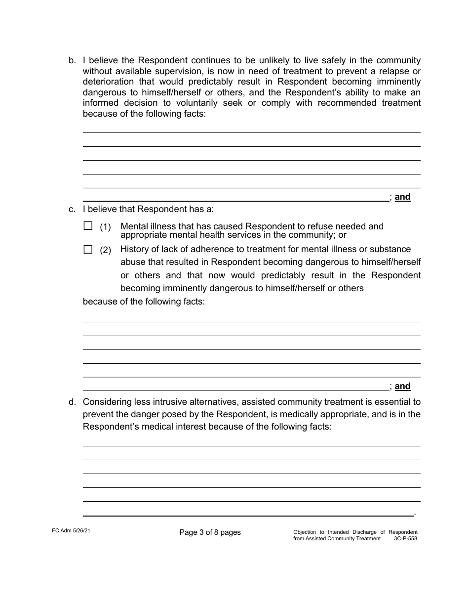 Form 3C-P-558 Objection to Intended Discharge of Respondent From Assisted Community Treatment - Hawaii, Page 3