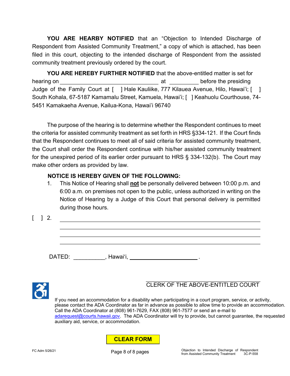 Form 3C-P-558 Objection to Intended Discharge of Respondent From Assisted Community Treatment - Hawaii, Page 8