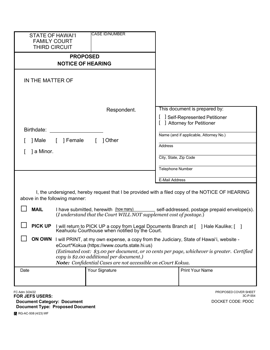 Form 3C-P-554 Proposed Notice of Hearing - Hawaii, Page 1