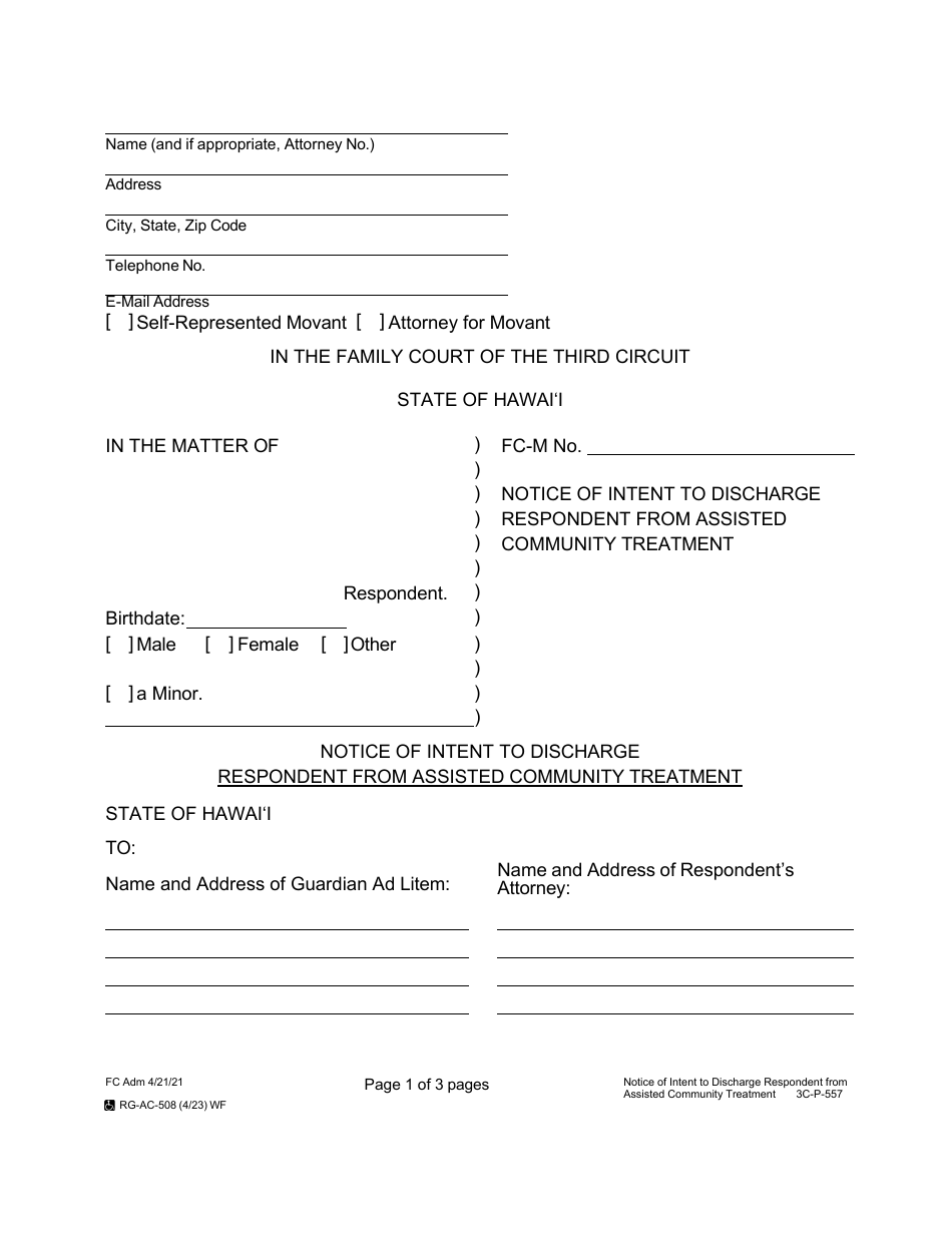 Form 3C-P-557 Notice of Intent to Discharge Respondent From Assisted Community Treatment - Hawaii, Page 1