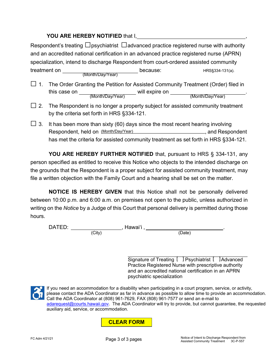 Form 3C-P-557 Notice of Intent to Discharge Respondent From Assisted Community Treatment - Hawaii, Page 3