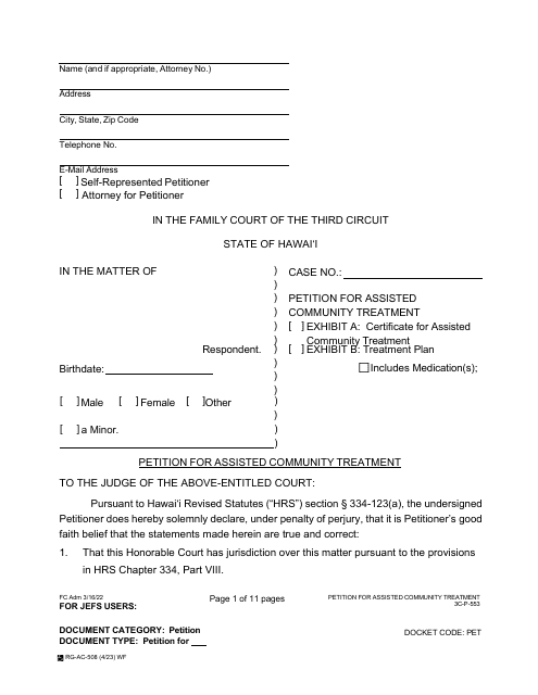 Form 3C-P-553 Petition for Assisted Community Treatment - Hawaii