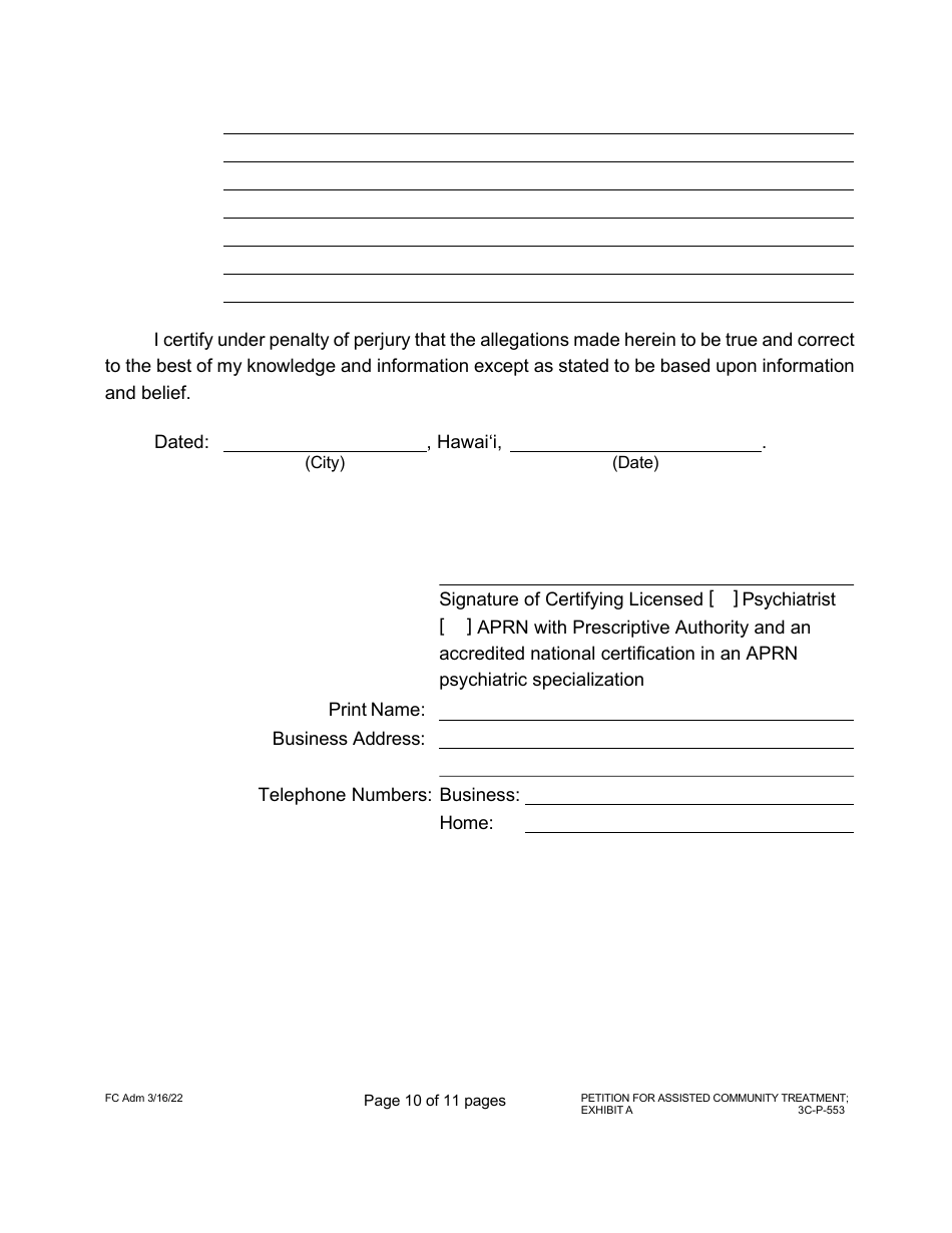 Form 3C-P-553 Petition for Assisted Community Treatment - Hawaii, Page 10