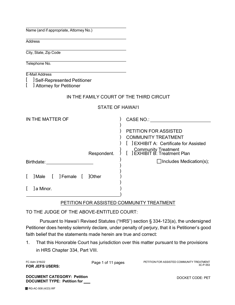 Form 3C-P-553 Petition for Assisted Community Treatment - Hawaii, Page 1