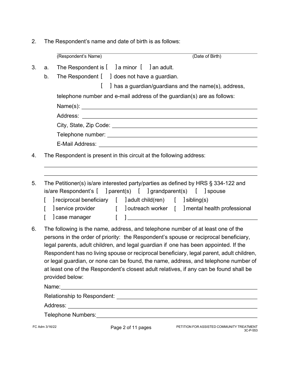 Form 3C-P-553 Petition for Assisted Community Treatment - Hawaii, Page 2