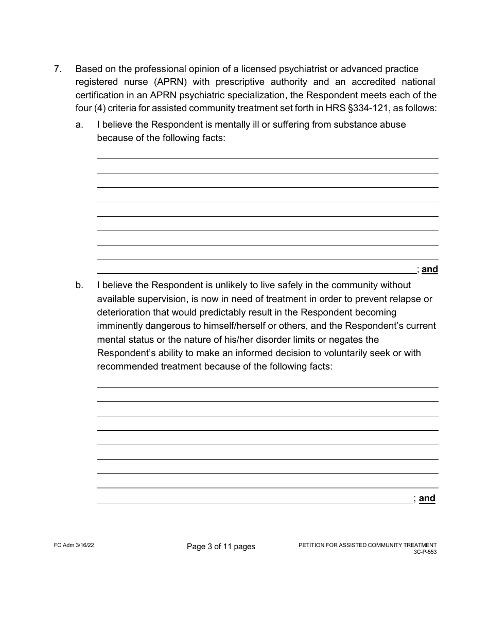 Form 3C-P-553 Petition for Assisted Community Treatment - Hawaii, Page 3