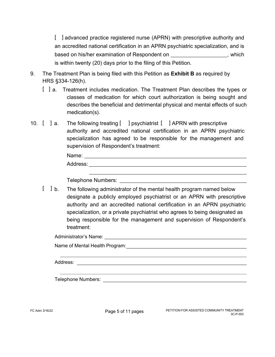 Form 3C-P-553 Petition for Assisted Community Treatment - Hawaii, Page 5