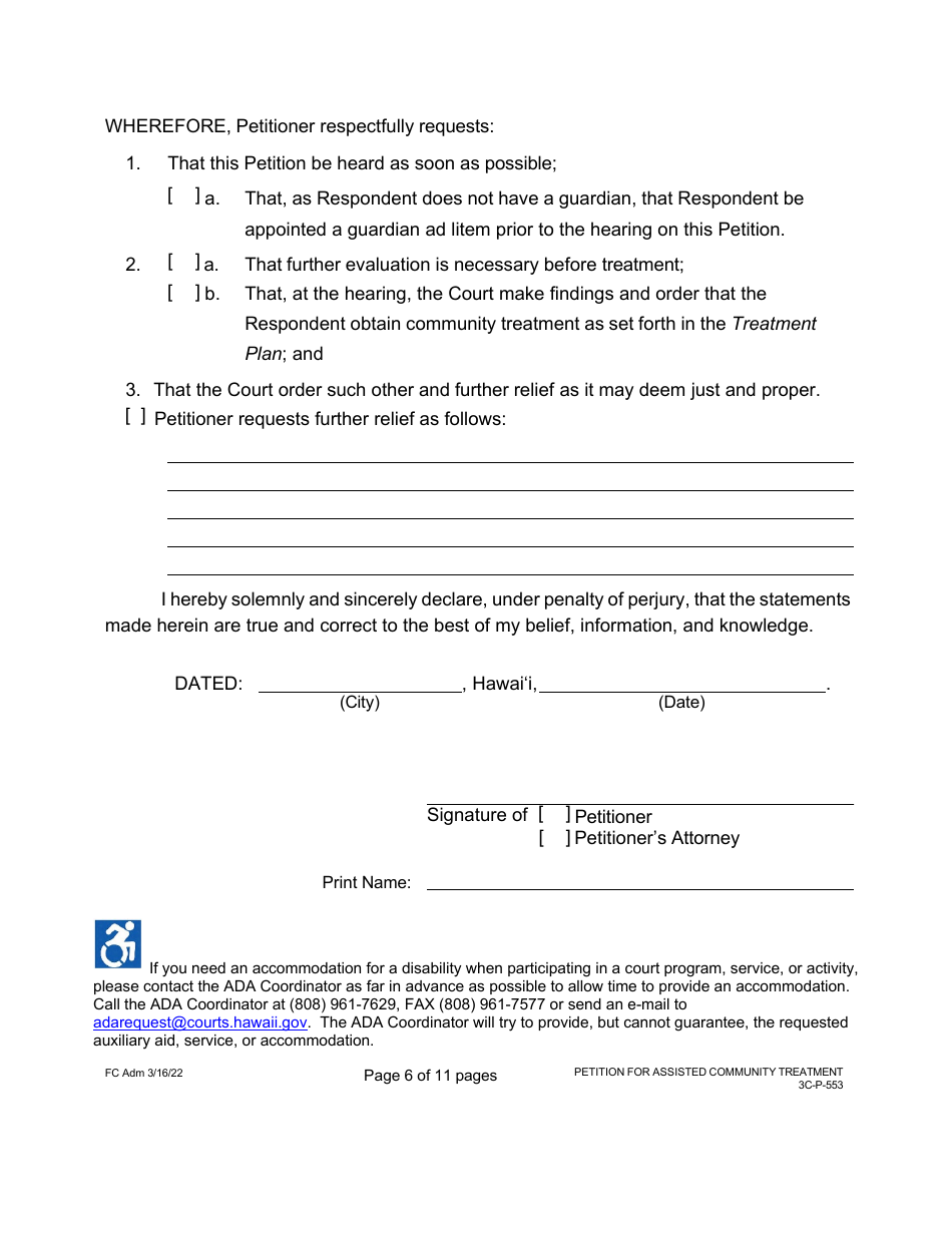 Form 3C-P-553 Petition for Assisted Community Treatment - Hawaii, Page 6