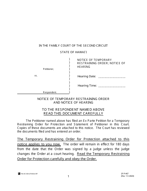Form 2F-P-467 Notice of Temporary Restraining Order and Notice of Hearing - Hawaii