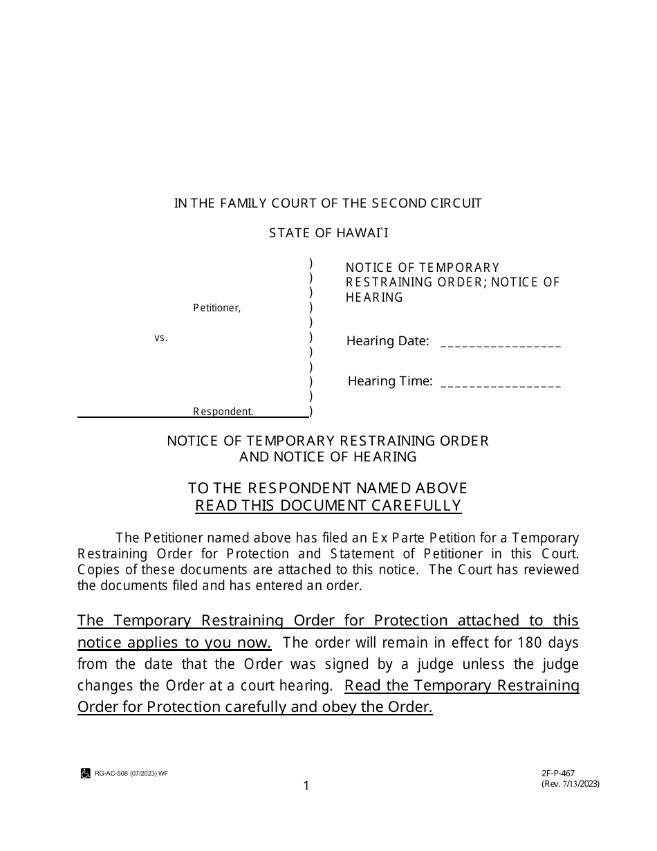 Form 2F-P-467 Notice of Temporary Restraining Order and Notice of Hearing - Hawaii, Page 1