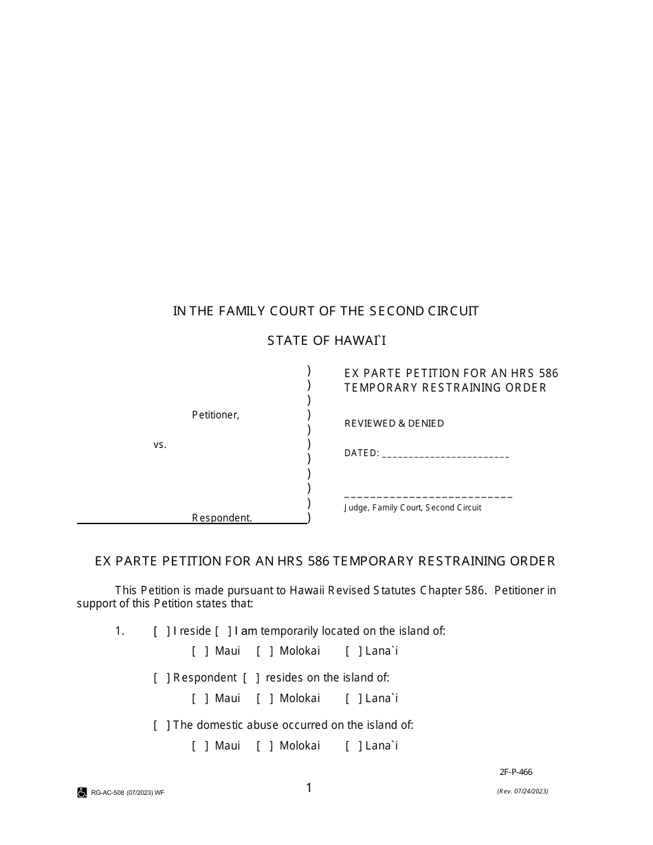 Form 2F-P-466 Ex Parte Petition for an Hrs 586 Temporary Restraining Order - Hawaii, Page 1