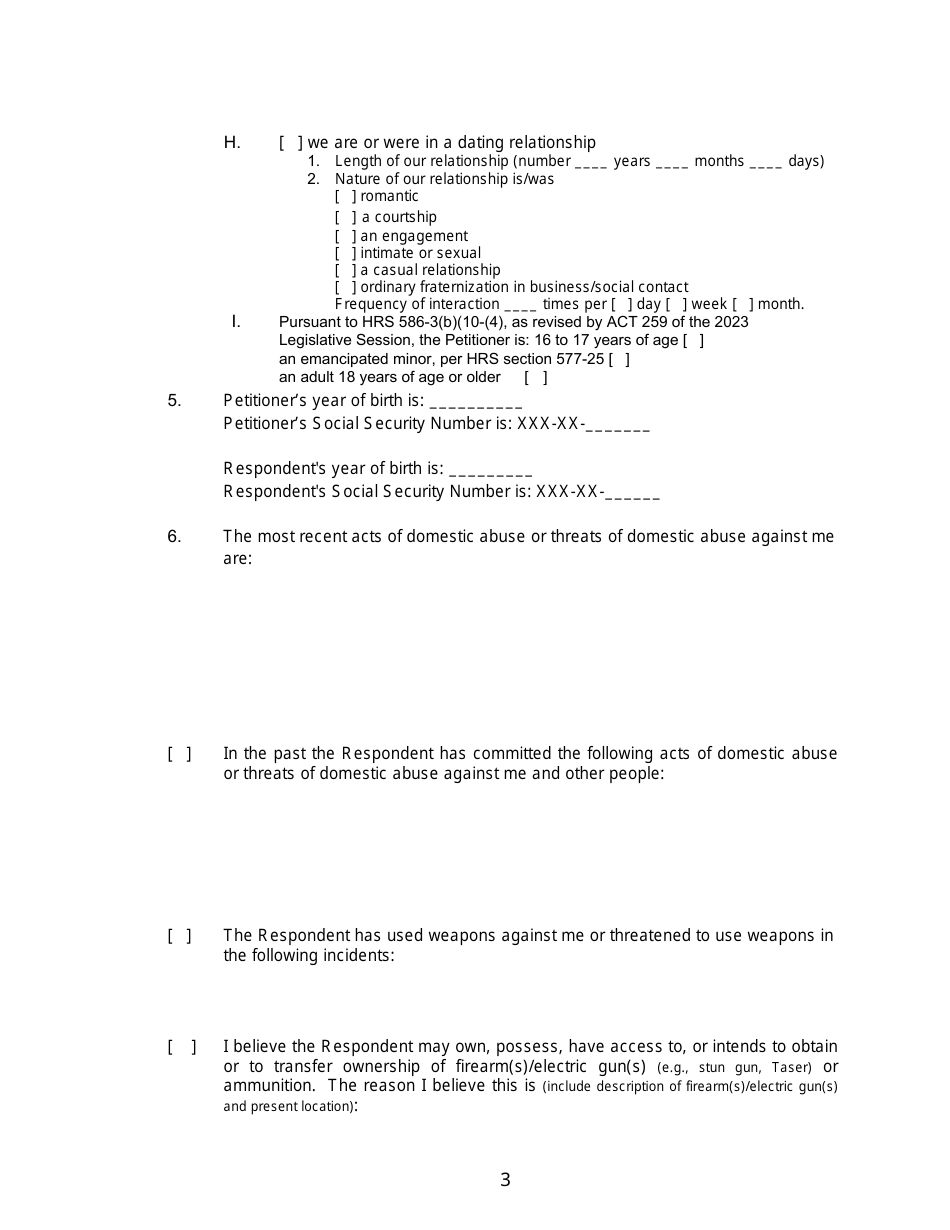 Form 2F-P-466 Ex Parte Petition for an Hrs 586 Temporary Restraining Order - Hawaii, Page 3