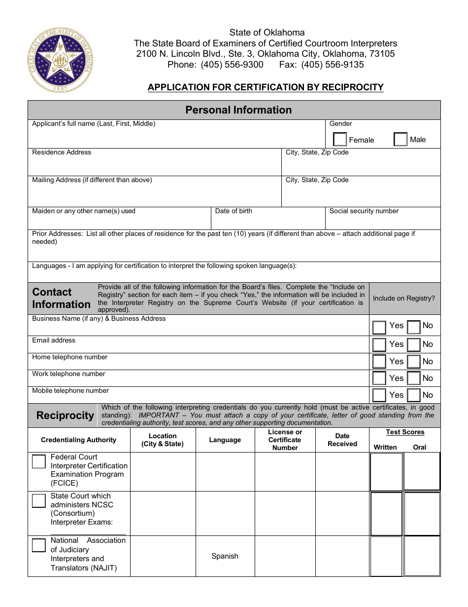 Application for Certification by Reciprocity - Oklahoma, Page 1