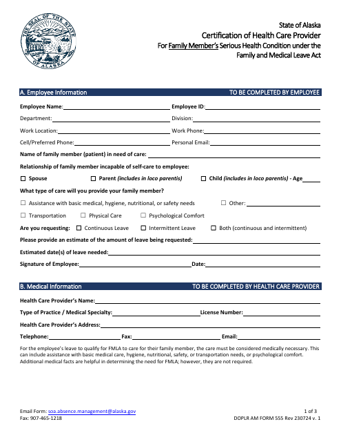 DOPLR AM Form 555 Certification of Health Care Provider for Family Member's Serious Health Condition Under the Family and Medical Leave Act - Alaska