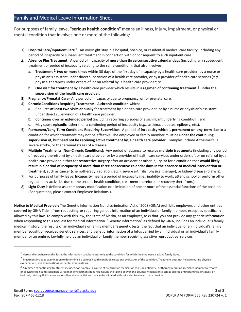 DOPLR AM Form 555 Certification of Health Care Provider for Family Members Serious Health Condition Under the Family and Medical Leave Act - Alaska, Page 3