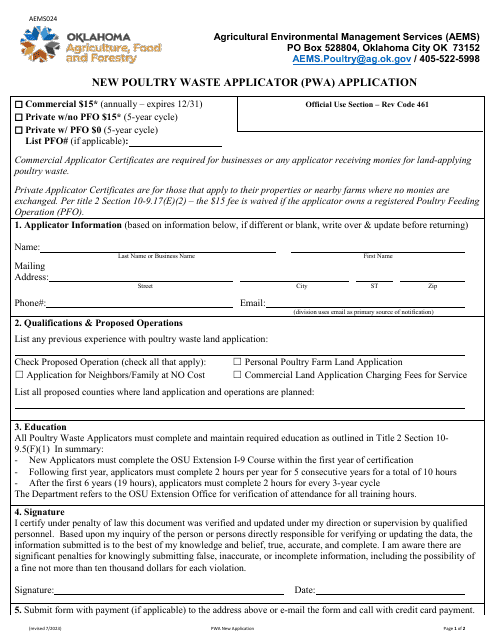 Form AEMS024 New Poultry Waste Applicator (Pwa) Application - Oklahoma
