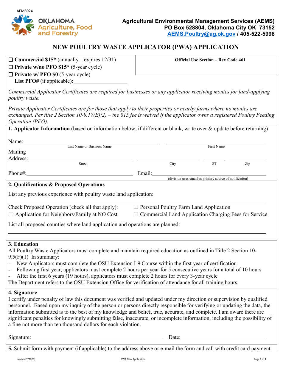 Form AEMS024 New Poultry Waste Applicator (Pwa) Application - Oklahoma, Page 1