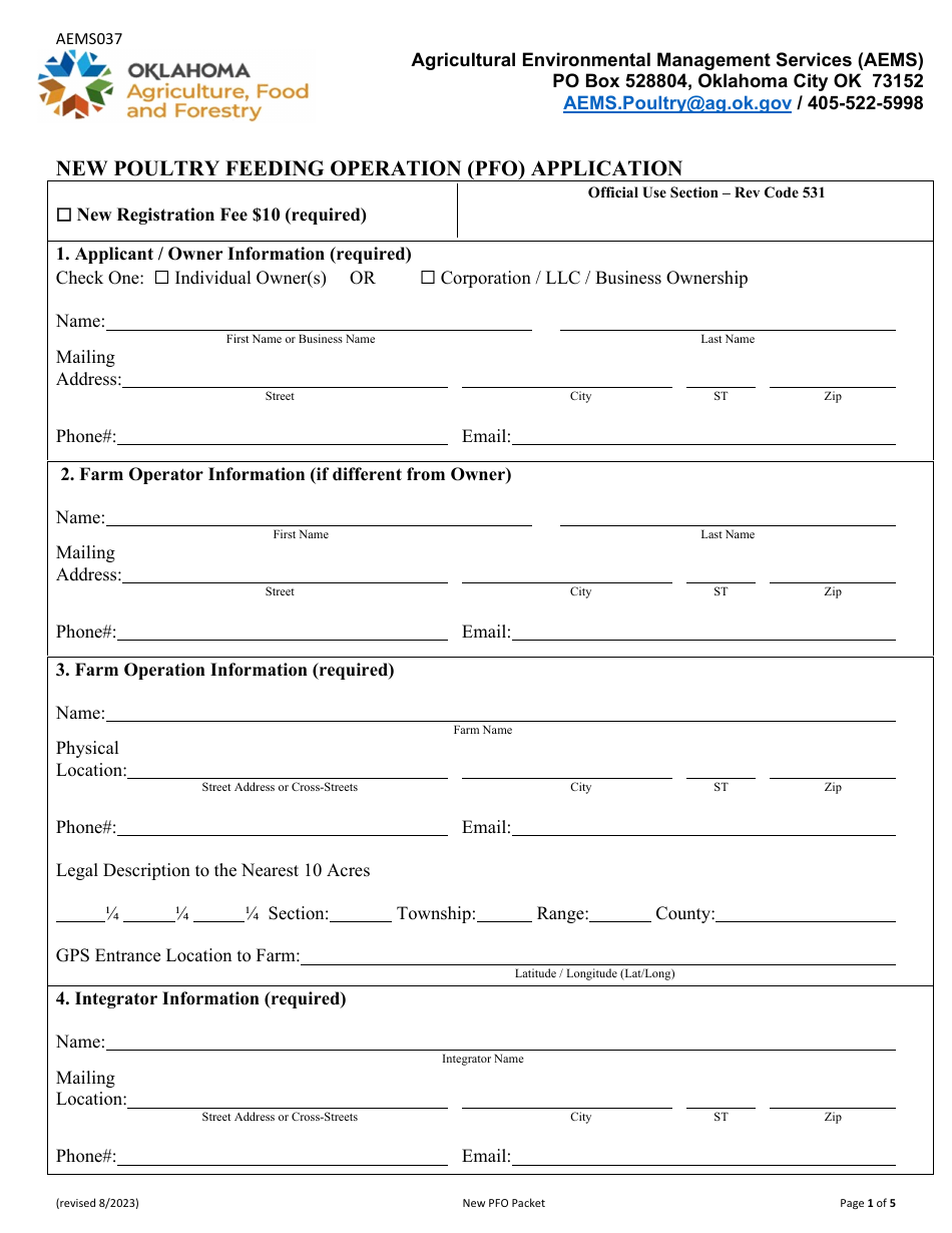 Form AEMS037 New Poultry Feeding Operation (Pfo) Application - Oklahoma, Page 1
