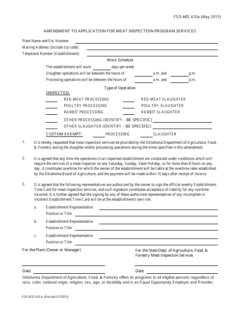 Form FSD-MIS610A Amendment to Application for Meat Inspection Program Services - Oklahoma