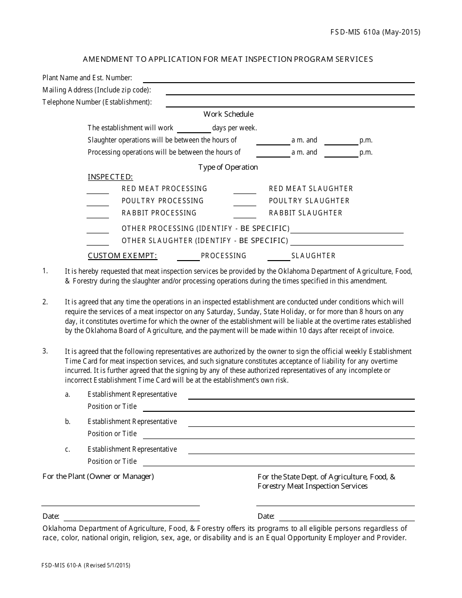 Form FSD-MIS610A Amendment to Application for Meat Inspection Program Services - Oklahoma, Page 1