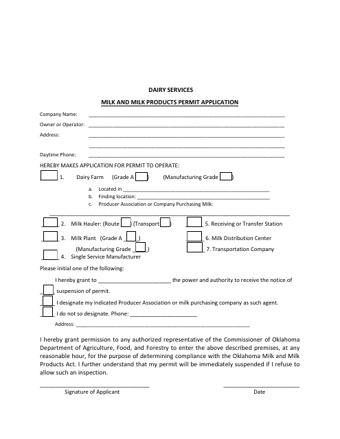 Milk and Milk Products Permit Application - Oklahoma Download Pdf
