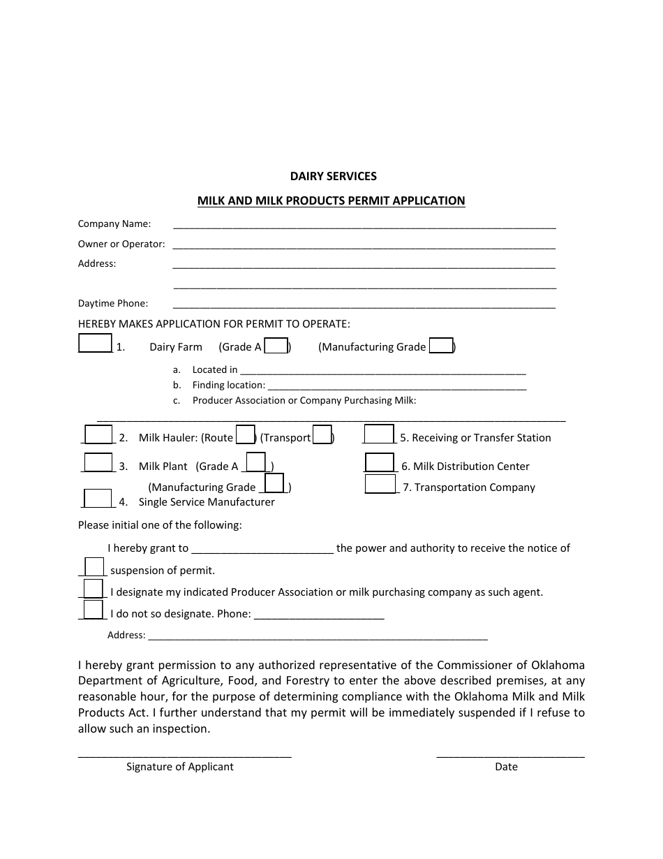 Milk and Milk Products Permit Application - Oklahoma, Page 1