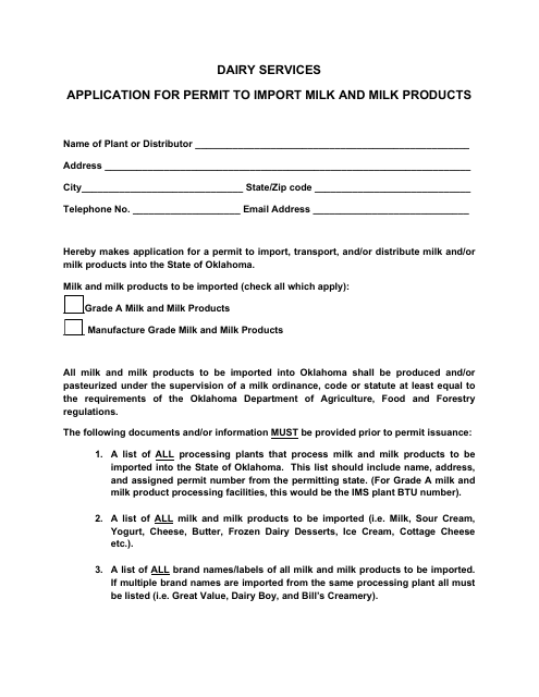 Application for Permit to Import Milk and Milk Products - Oklahoma Download Pdf