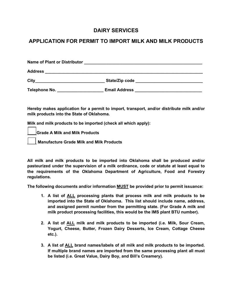 Application for Permit to Import Milk and Milk Products - Oklahoma, Page 1