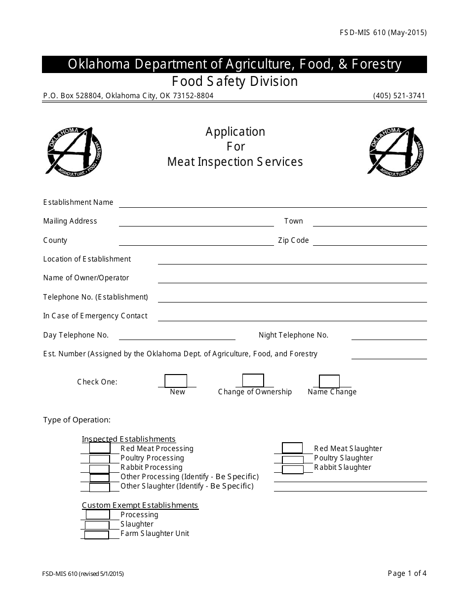 Form FSD-MIS610 Application for Meat Inspection Services - Oklahoma, Page 1