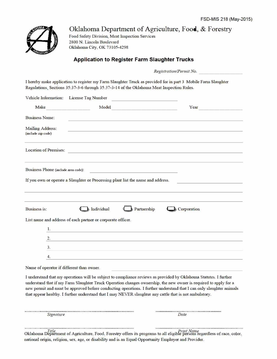 Form FSD-MIS218 Application to Register Farm Slaughter Trucks - Oklahoma, Page 1